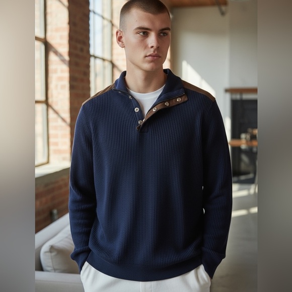 Men's Navy Sweater with Brown Accents - Picture 3 of 5